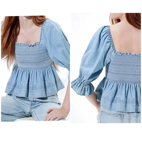 American Eagle Smocked Babydoll Top. Chambray Denim, Coquette, Soft, Boho Hippie - Picture 1 of 12
